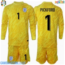 Camisa de time de futebol Inglaterra Jordan Pickford #1 Goleiro Replicas 2º Equipamento Infantil Europeu 2024 Manga Comprida (+ Calças curtas)